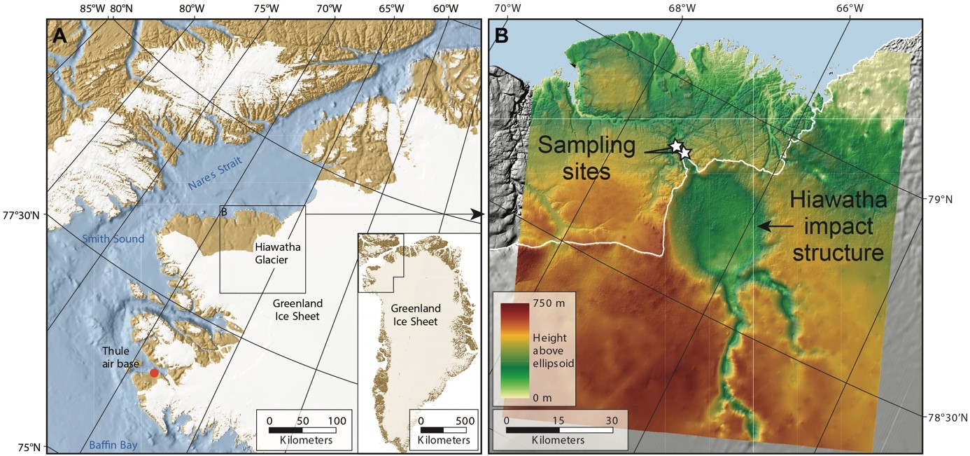 Fig. 1. Maps showing the location of the Hiawatha impact crater in northwest Greenland (left) and the shape of Earth’s surface beneath the ice, with the crater clearly visible (right). 