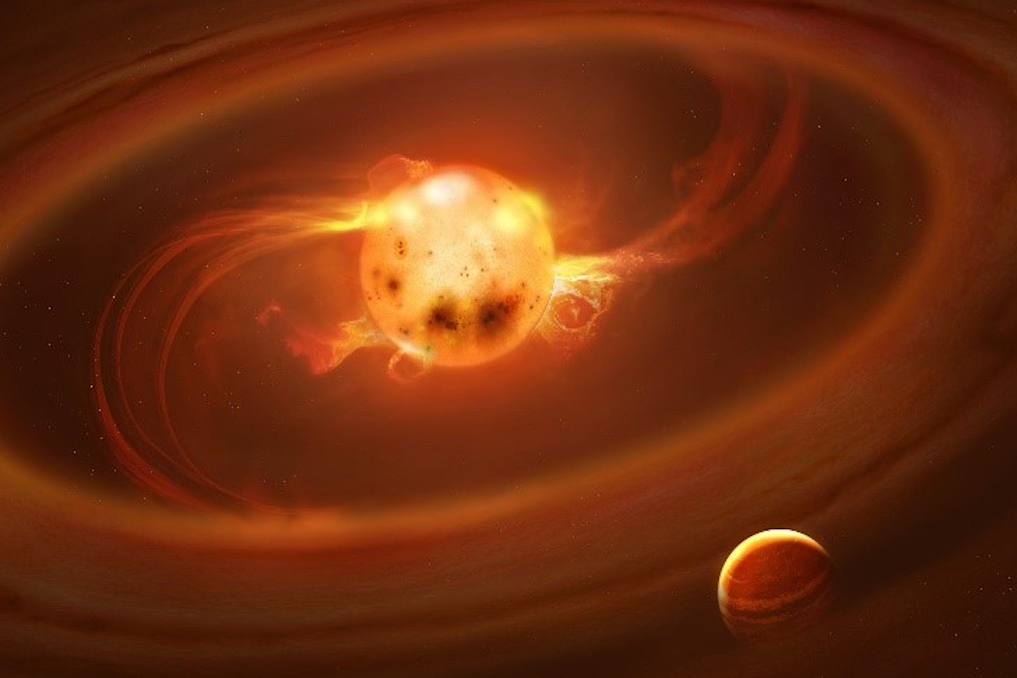 Artist's view of hot gas streams on a star. The material of the surrounding protoplanetary disc, in which planets are born, is hurled onto the star's surface by the magnetic field at supersonic velocities. © A. Mark Garlick