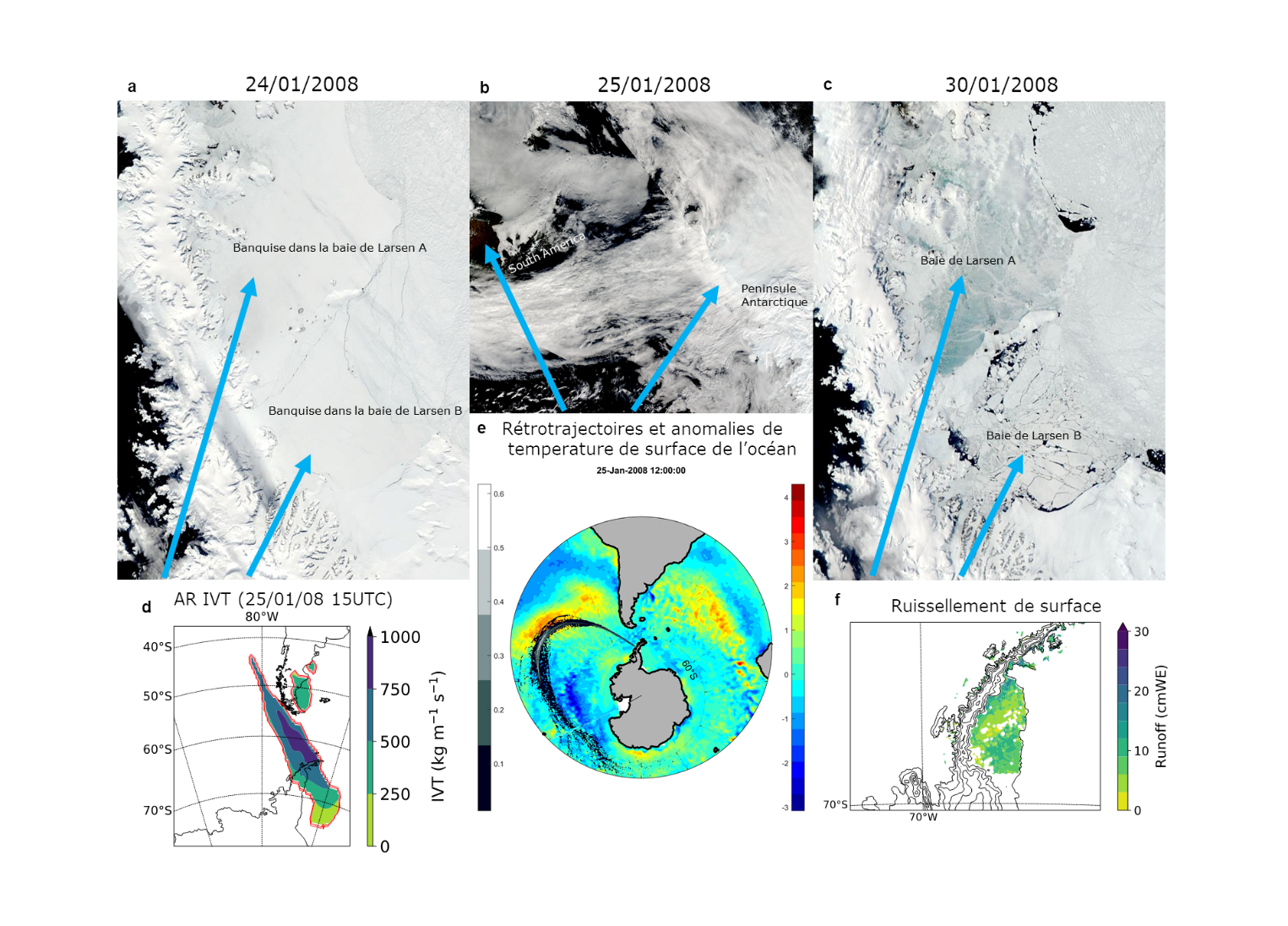 Figure 2 : Images satellite du 24/01/2008 (figure a) et du 30/01/2008 (figure c) montrant la disparition de la banquise et après le passage d'une rivière atmosphérique observée le 25/01/2008 (figure b). 