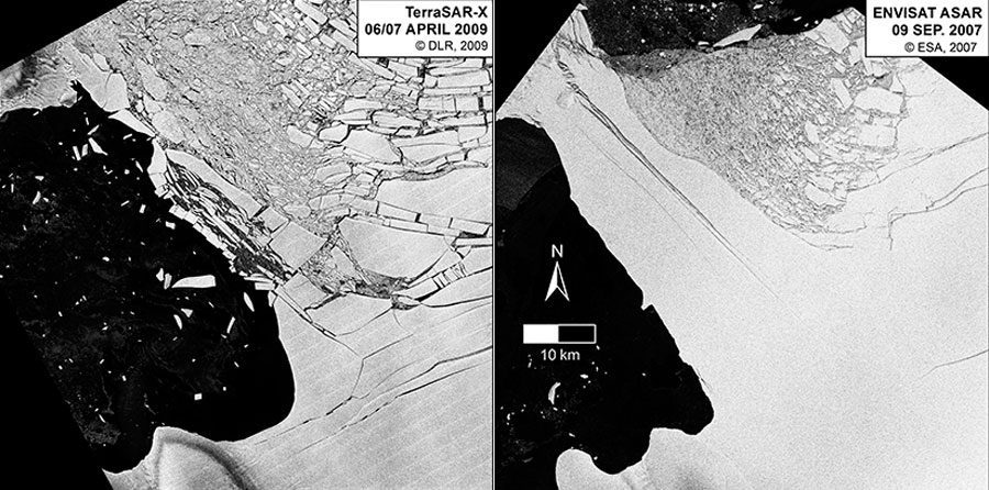 Démantèlement du pont de glace qui supportait la plateforme Wilkins. InageImage satellite ENVISAT-ASAR (© ESA) et TerraSAR-X (© DLR). Compilation : Melanie Rankl, Institute of geography - CP LGGE Gaël Durand 2016 Démantèlement du pont de glace qui supportait la plateforme Wilkins. InageImage satellite ENVISAT-ASAR (© ESA) et TerraSAR-X (© DLR). Compilation : Melanie Rankl, Institute of geography - CP LGGE Gaël Durand 2016