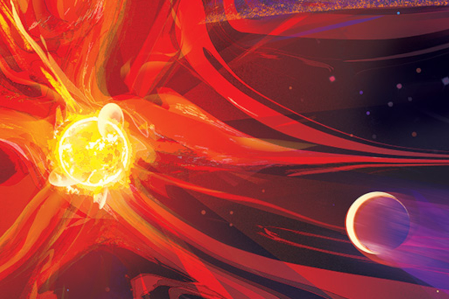 Vue d’artiste de la très jeune naine rouge éruptive AU Mic et de sa planète nouvellement découverte AU Mic b, avec au loin le disque de débris qui a donné naissance à la planète. © NASA-JPL/Caltech