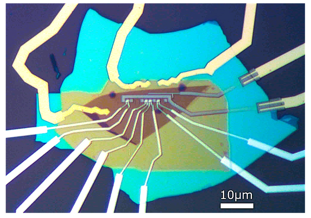 Image optique d’un condensateur quantique fabriqué à partir de matériaux bidimensionnels, incluant du graphène et des électrodes métalliques. 