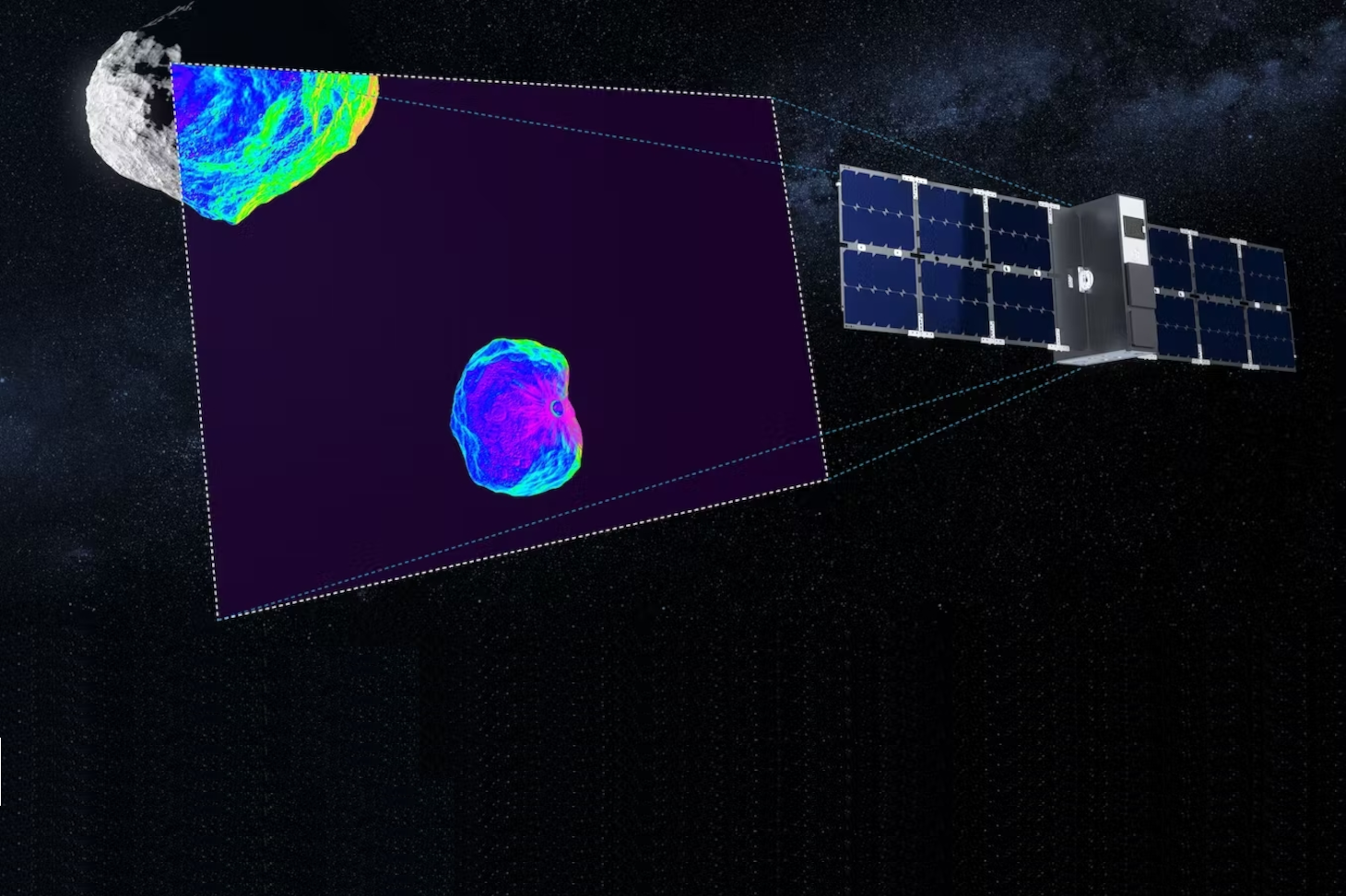 Le nanosatellite Milani imagera la lune Dimorphos et l'astéroïde Didymos dans l'infrarouge après l'impact (vue d'artiste). ESA