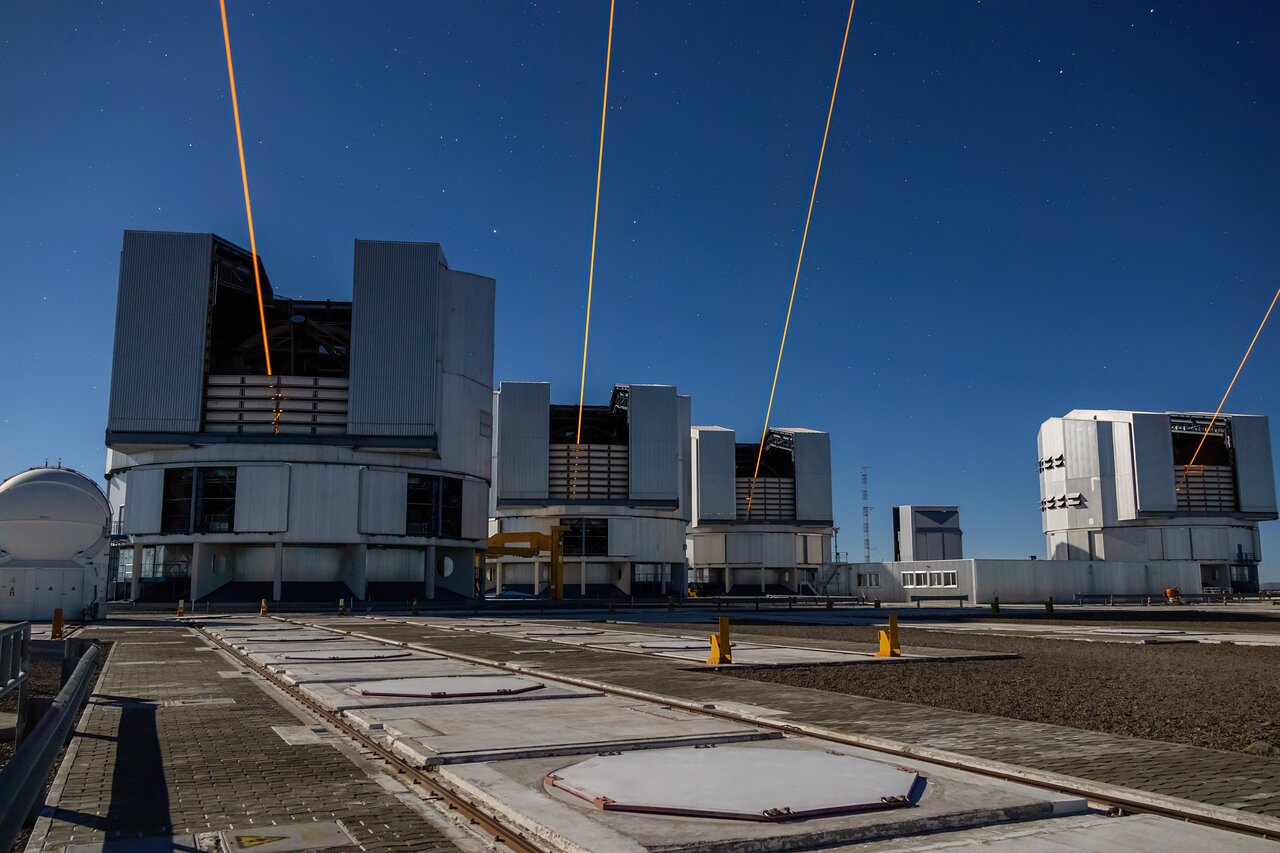 Closer view of the four lasers for the VLTI - Credit:Anthony Berdeu/ESO