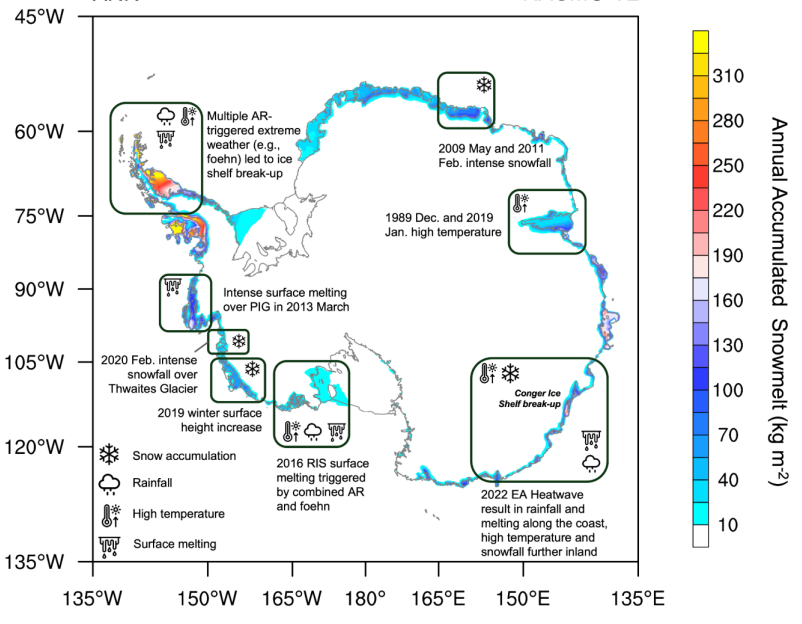 Évènements météorologiques extrêmes provoqués par les rivières atmosphériques en Antarctique et fonte annuelles autour du continent. 