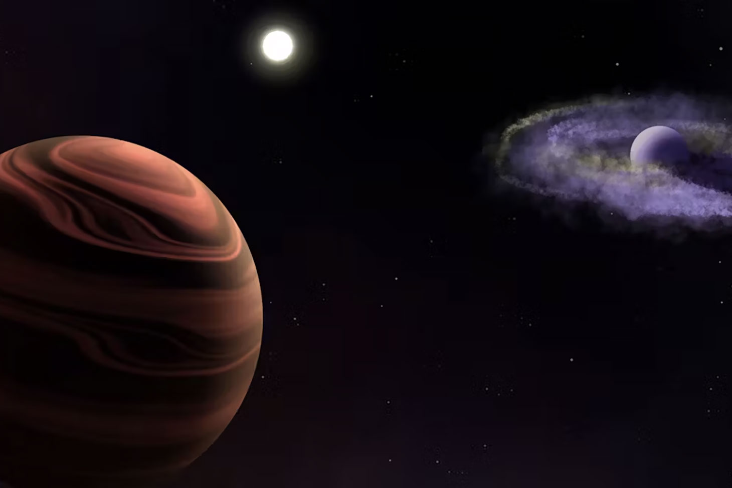 Vue d’artiste du système YSES-1. On voit le système de l’extérieur, avec un effet de perspective, ce qui explique la petitesse de l’étoile sur le dessin. Au premier plan, l’exoplanète YSES-1 c qui est couverte de nuages de poussières de silicates. À l’arr
