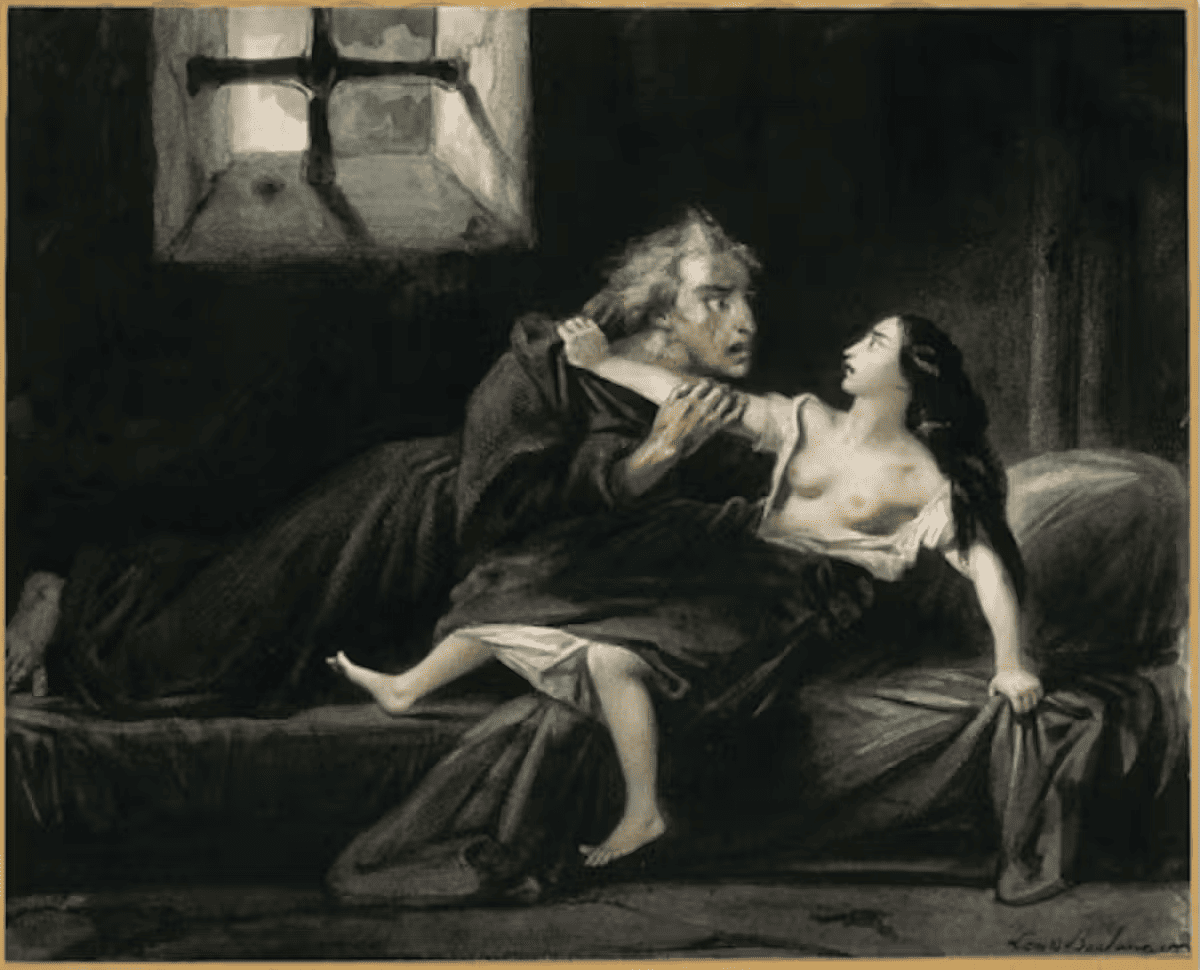 Illustration de Notre-Dame de Paris, « Claude Frollo et la Esmeralda », Louis Candide Boulanger, vers 1831.