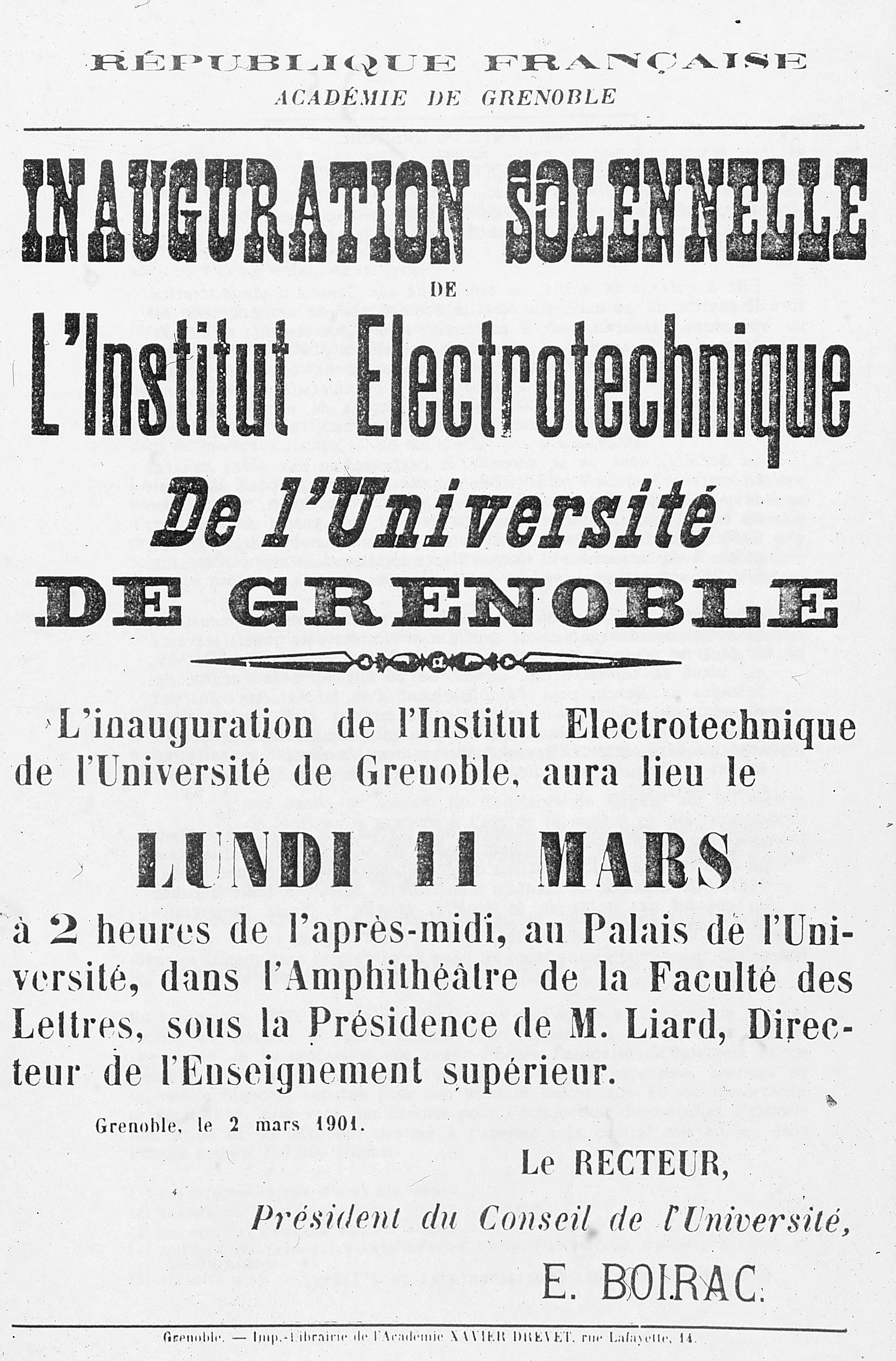 Affiche de l’inauguration de l’institut électrotechnique, 11 mars 1901 (Arch. Dép. Isère, 21 T 131) Affiche de l’inauguration de l’institut électrotechnique, 11 mars 1901 (Arch. Dép. Isère, 21 T 131)
