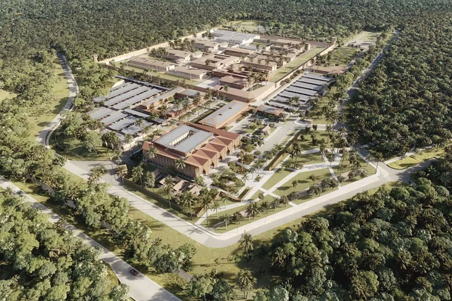 Image de synthèse, diffusée le 19 mai 2025 par le ministère de la justice, montrant la future prison de haute sécurité de Saint-Laurent-du-Maroni en Guyane. Ministère de la justice