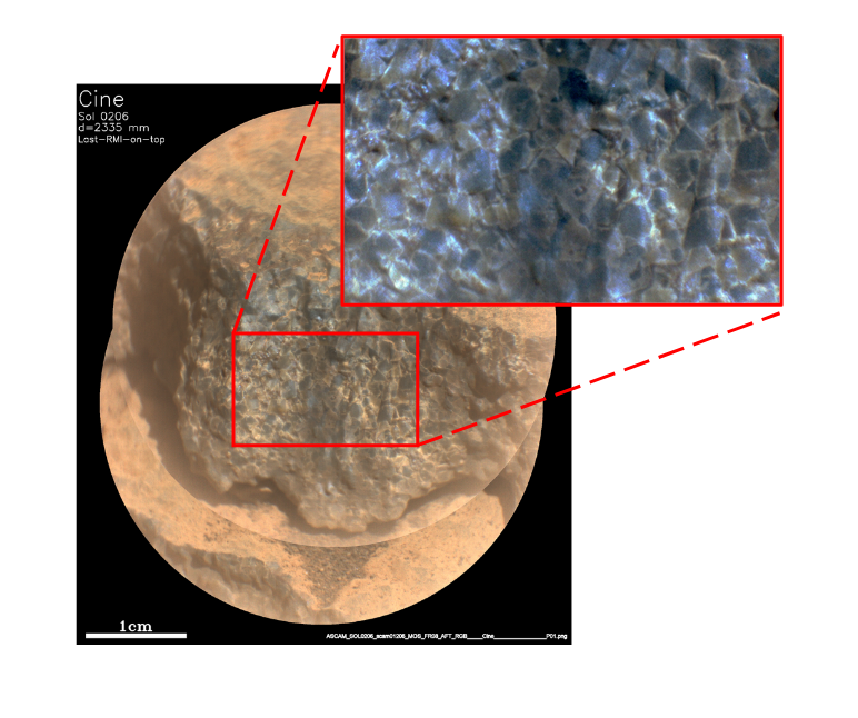 Image RMI de la roche Cine par l’instrument SuperCam montrant la texture de cumulat grenu riche en olivine. L’olivine est le premier minéral à cristalliser lors des processus magmatiques dont il est un excellent traceur. © NASA/JPL-Caltech/LANL/CNES/CNRS/