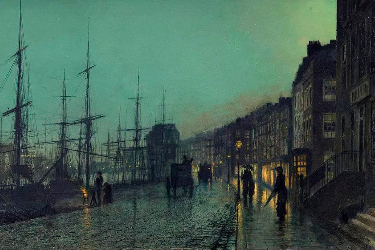 Le port de Glasgow, sur la rivière Clyde, fut un lieu emblématique de la révolution industrielle. John Atkinson Grimshaw, Shipping on the Clyde, 1881. Museo Thyssen-Bornemisza Madrid Spain.