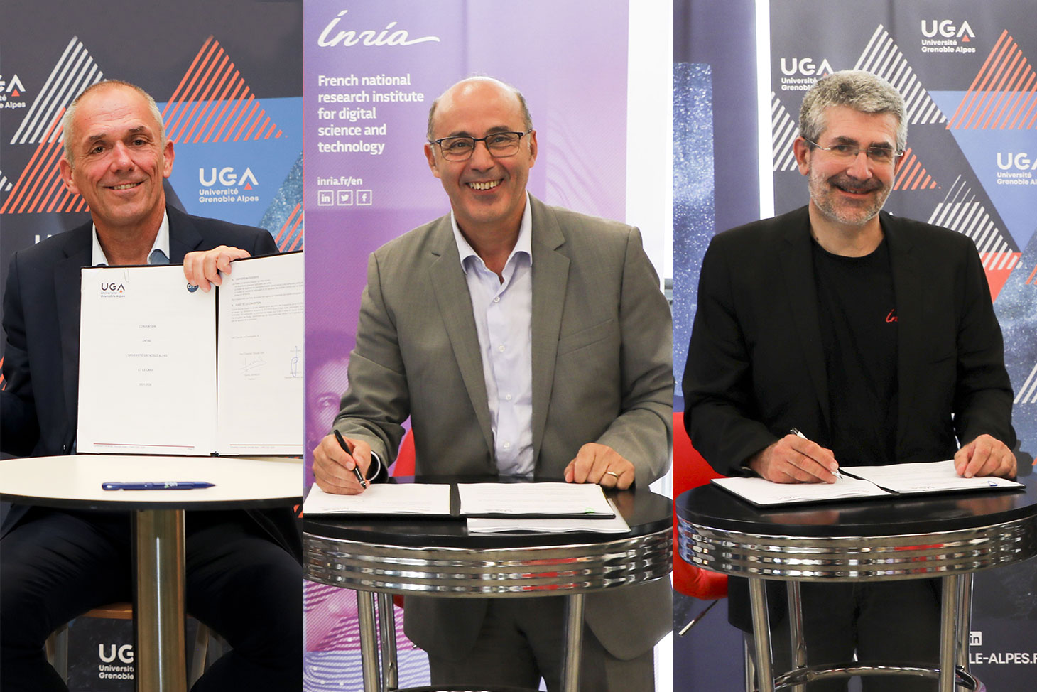 De g. à d. : Antoine Petit, président-directeur général du CNRS, Yassine Lakhnech, président de l’Université Grenoble Alpes et Bruno Sportisse, président-directeur général d’Inria