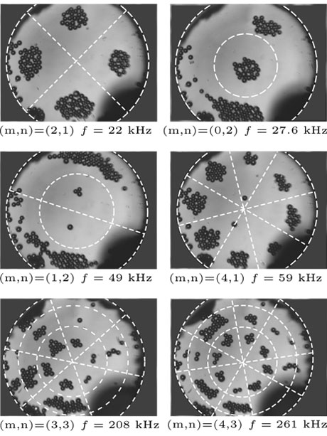 Figure1 : Vue de dessus de la cavité (de rayon 800 microns) avec agencement des billes (40 micron de diamètre) en fonction de la fréquence des ultrasons. Les lignes blanches pointillées sont les nœuds de vibration : on observe que les particules s’agrègen