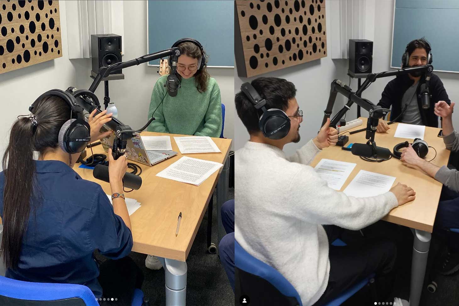 Des étudiants du master LEA parcours RESET sont en train d'enregistrer un podcast dans le studio son du bâtiment CLV