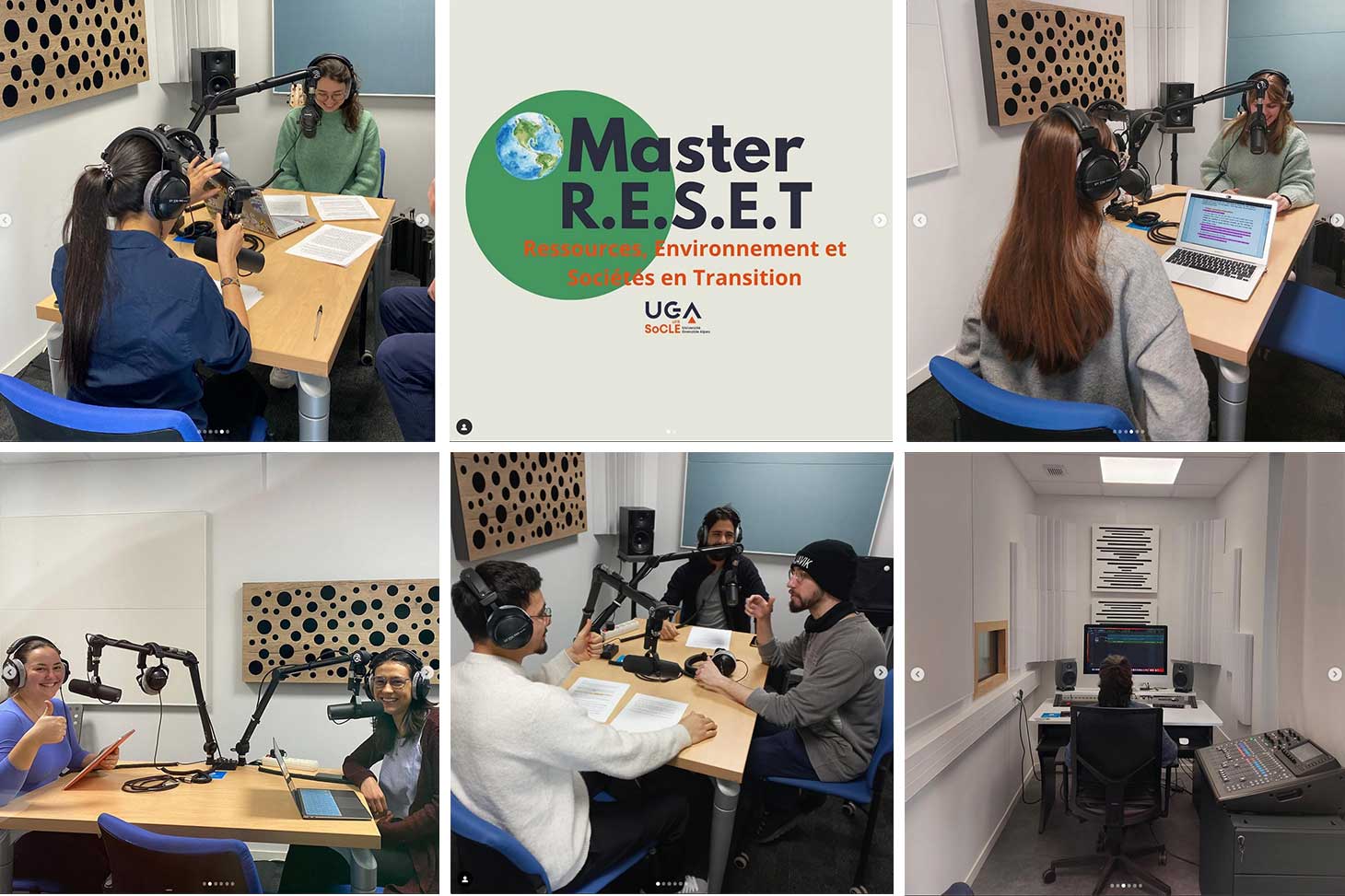 Montage photo de plusieurs situations d'étudiants entrain d'enregistrer leurs podcast au sein du studio son du bâtiment CLV avec l'aide de la DAPI, dans le cadre du master LEA parcours RESET