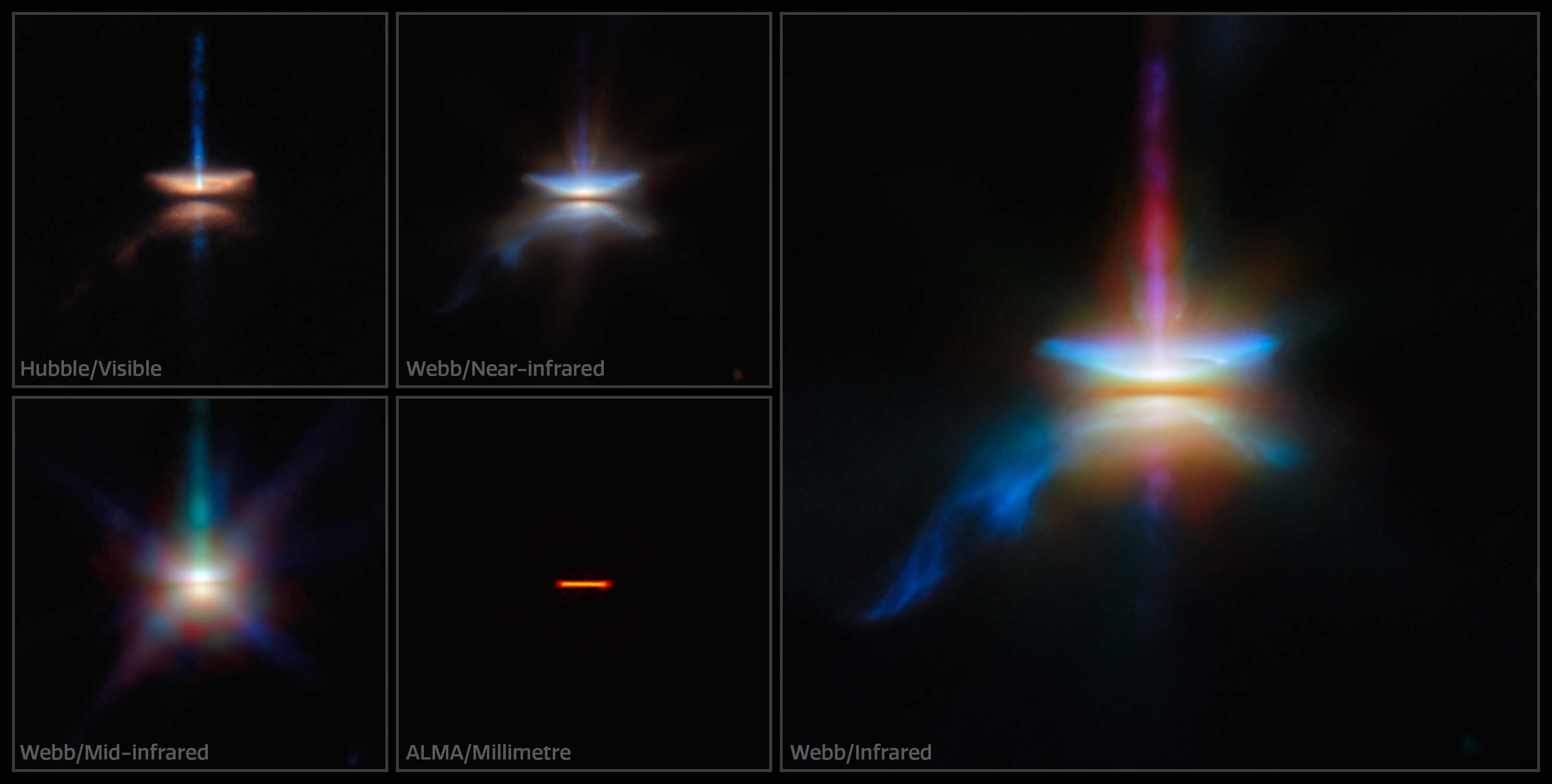 Collage de quatre petites et d'une grande images du disque protoplanétaire HH 30