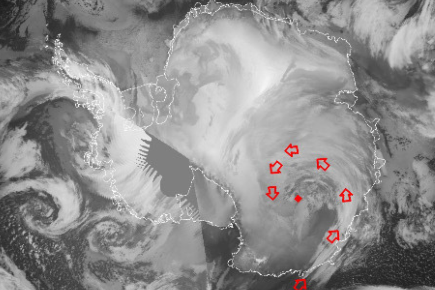 The state of the cloud mass associated with the ending phase of the atmospheric river is depicted here in this 23 UTC 18 March 2022 infrared composite satellite image. The flow of the clouds is highlighted with the red arrows.