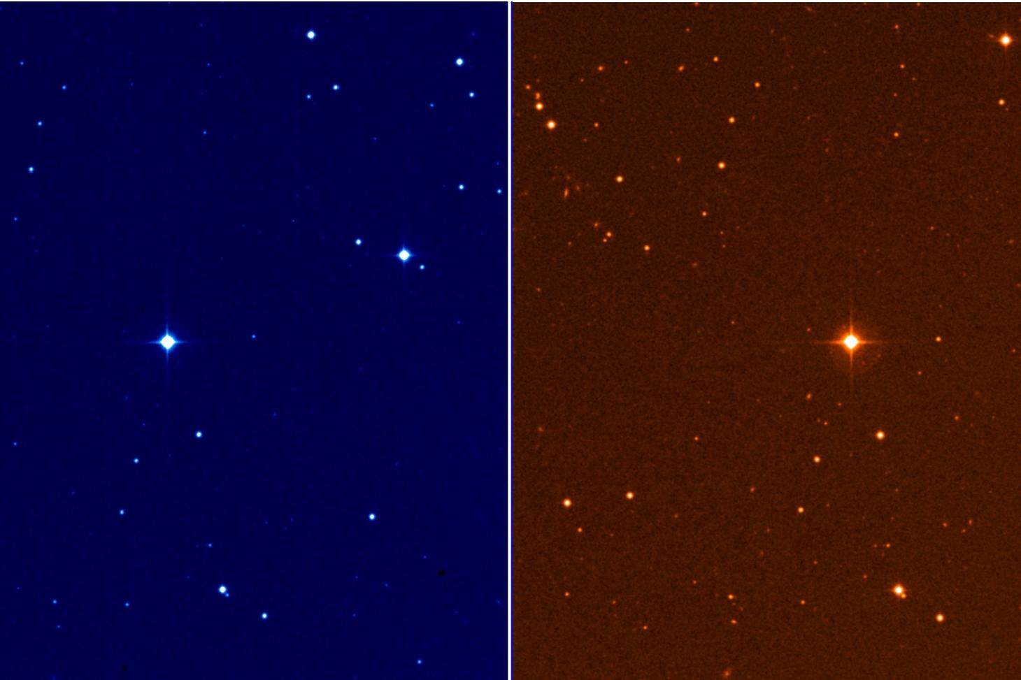 Image double du champ d'étoiles de Gl 410, l'une dans un filtre bleu, l'autre dans un filtre rouge.