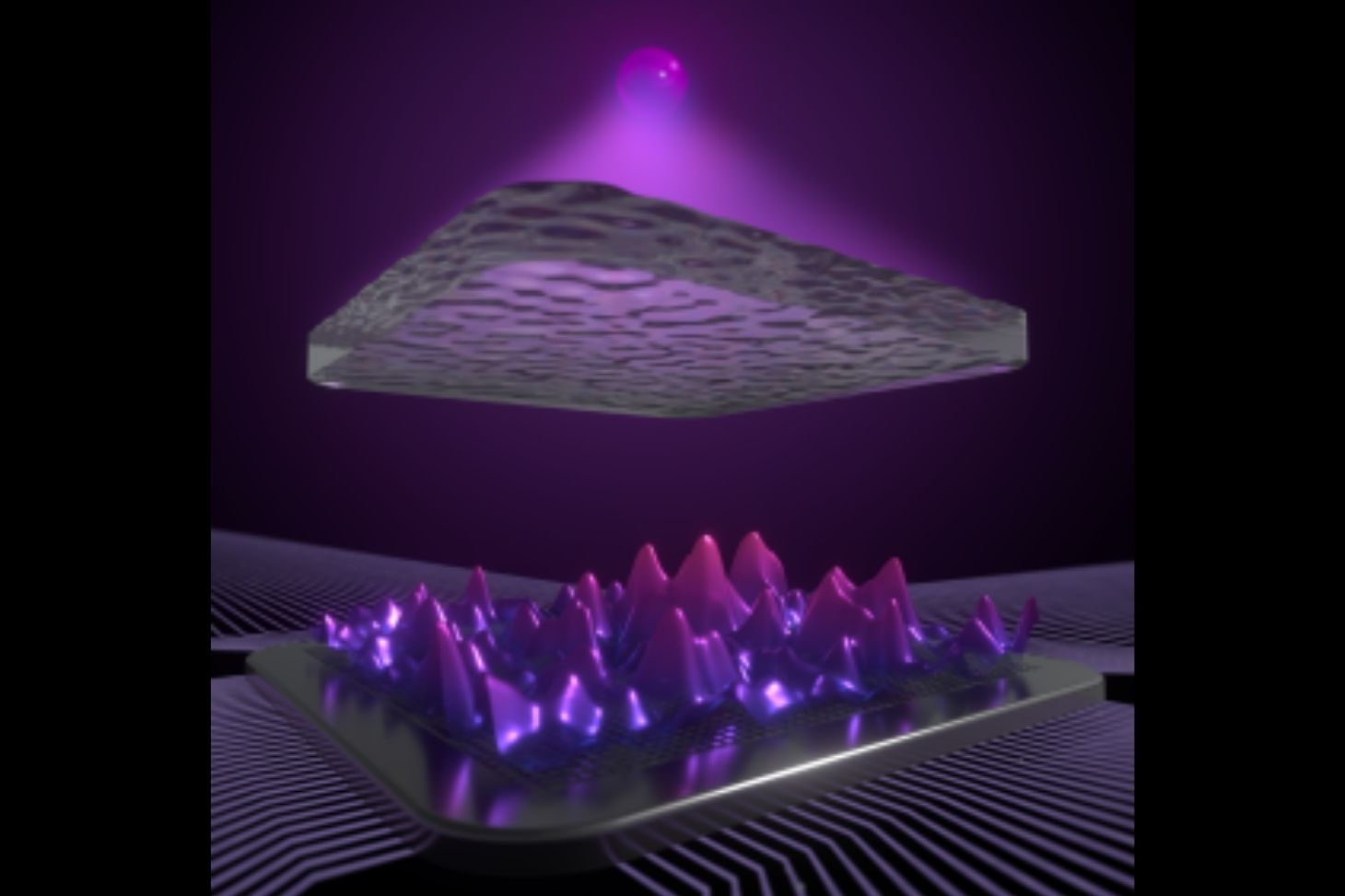 illustrative image : Artistic representation of an optical measurement in a complex scattering system. Optical information is collected by a camera chip and digitally processed by an artificial neural network. © oliver-diekmann.graphics