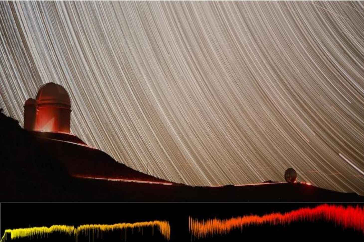 L’instrument NIRPS est installé sur le télescope de 3,6 mètres de l’observatoire de La Silla, au Chili. Ci-contre en bas : spectre pris par NIRPS sur l’étoile Proxima Centauri, l’étoile la plus proche de notre système solair. © Etienne Artigau (Université