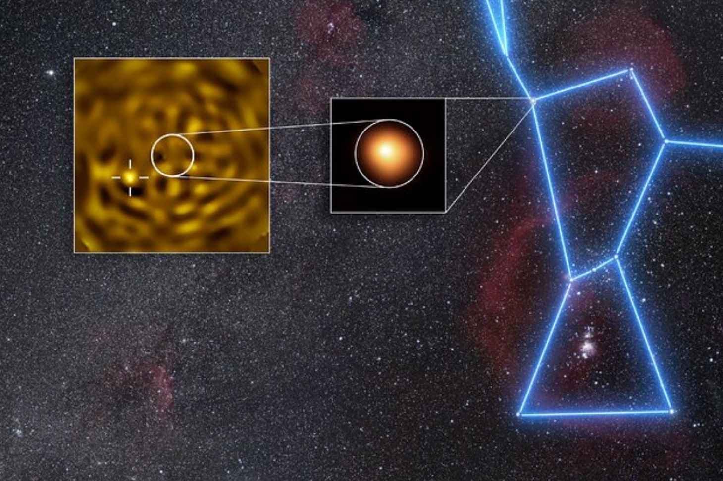 Images de Bételgeuse et de son compagnon prises par le VLT (Crédit : ESO/M. Montargès et al. Background : N. Rissinger (skysurvey.org))