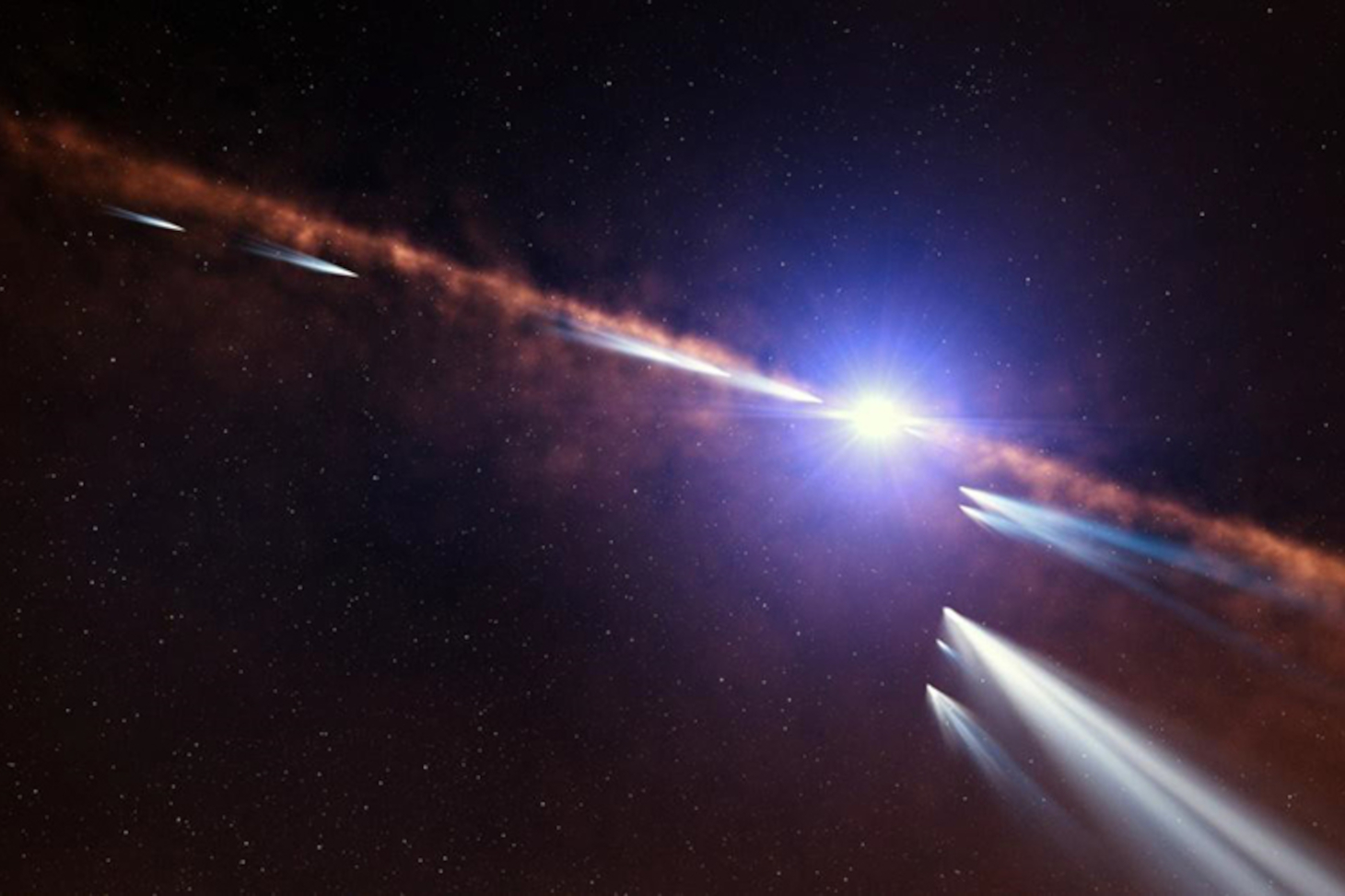 Vue d'artiste des exocomètes en orbite autour de l'étoile Bêta Pictoris. © ESO/L. Calçada