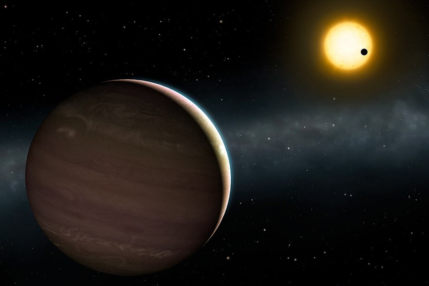 Vue d’artiste du système exoplanétaires en forte interaction WASP-148. La planète WASP-148c est visible au premier plan. On voit au second plan la planète WASP-148b en transit devant l'étoile autour de laquelle les deux planètes sont en orbite. (© Institu